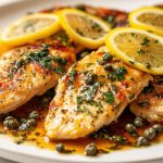 Chicken piccata on a plate. Close up
