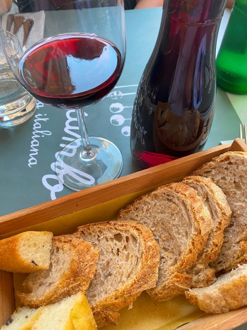 Wine and bread on a table