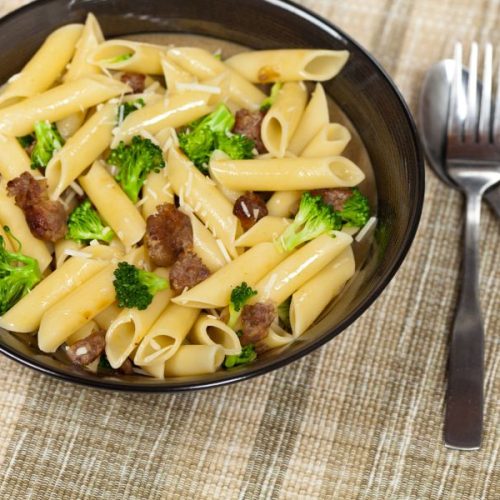 Pasta and Sausage with Brocolli in a bowl